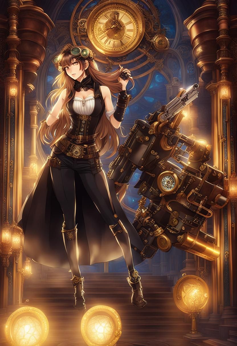 Steampunk Anime Woman with Pistol in Manga Style
