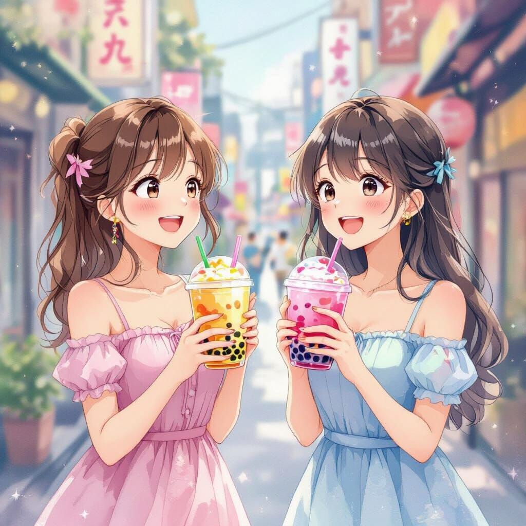 Anime Girls Laughing with Bubble Tea in Tokyo