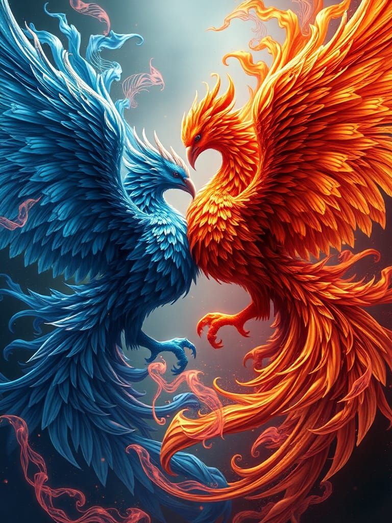 Phoenix Collision: Vibrant Mythical Birds in Fractal Flames