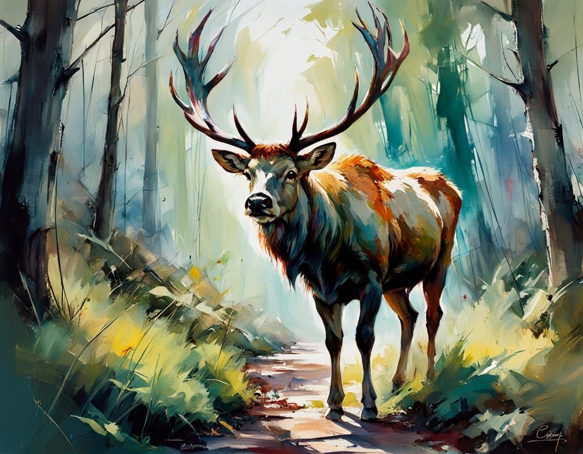 Stag in Forest: Neo-Impressionist Oil Painting