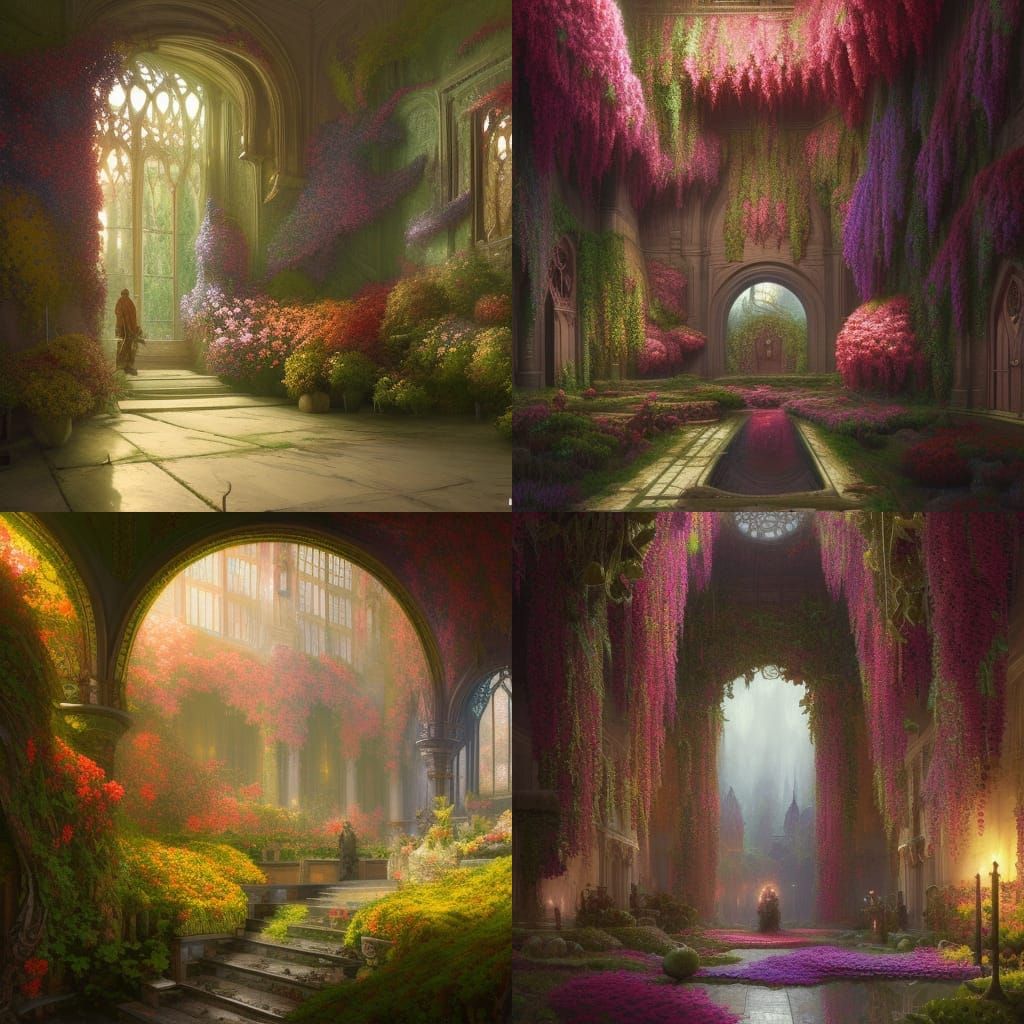 Majestic Hall of Flowers in Dark Fantasy Style