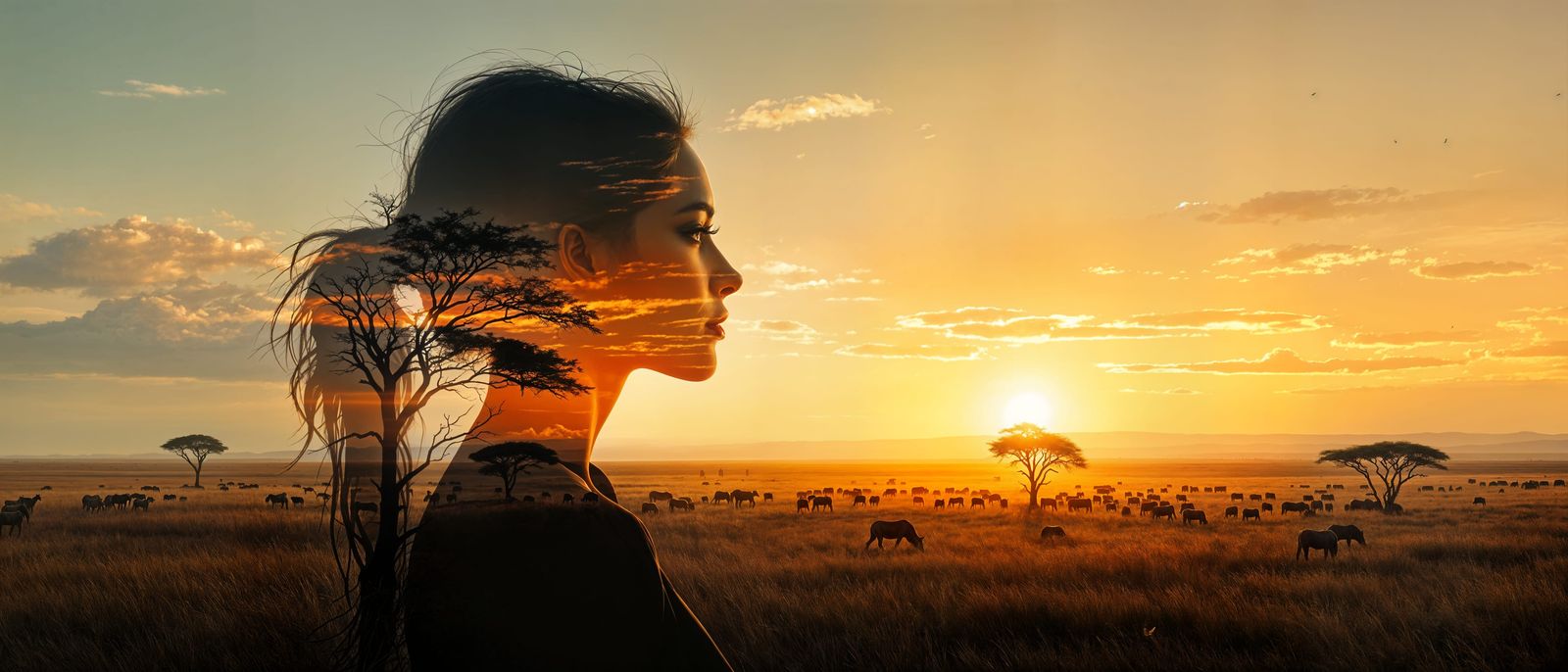 Serengeti Sunset Silhouettes in Double Exposure Style