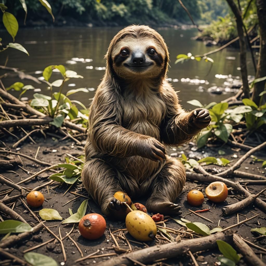 Sloth Family Meal on River Bank: Cinematic Still