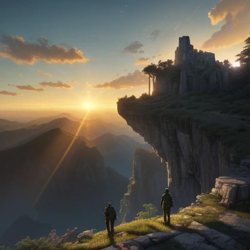 Adventurer Overlooking Ancient Ruin in Golden Light