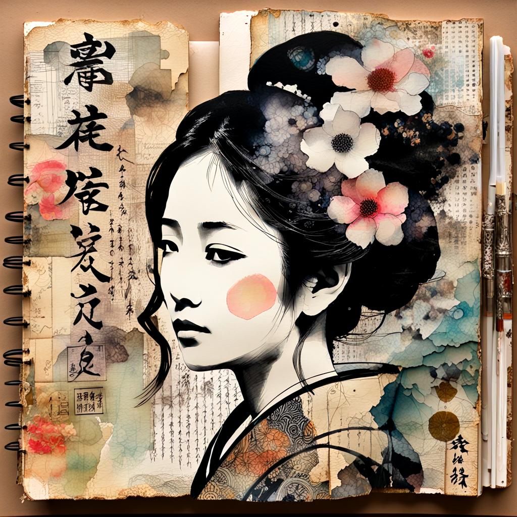 Japanese Ink Painting with Encaustic Crackle Finish