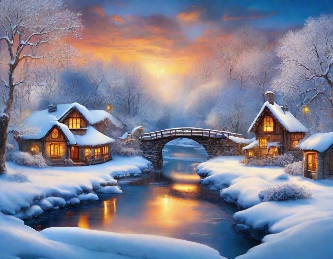 Snowy Village at Golden Hour, Fantasy Matte Painting