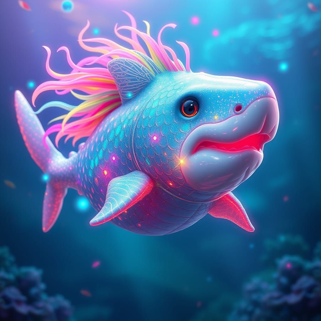 Glittery Sea-Hamster Shark Hybrid in Neon Style