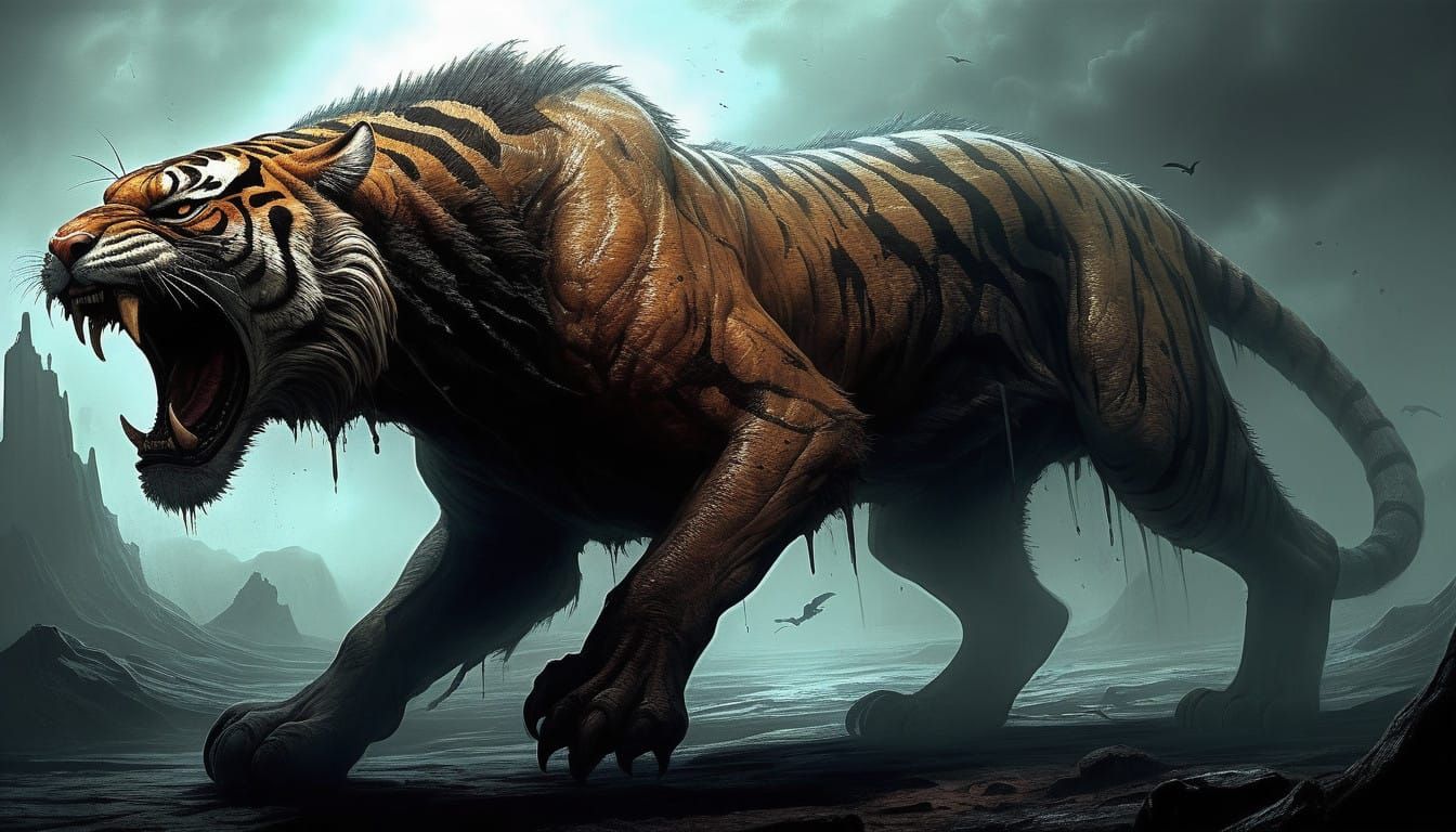 Colossal Sabre-Toothed Tiger Stalks Prey in Hyper-Realistic...