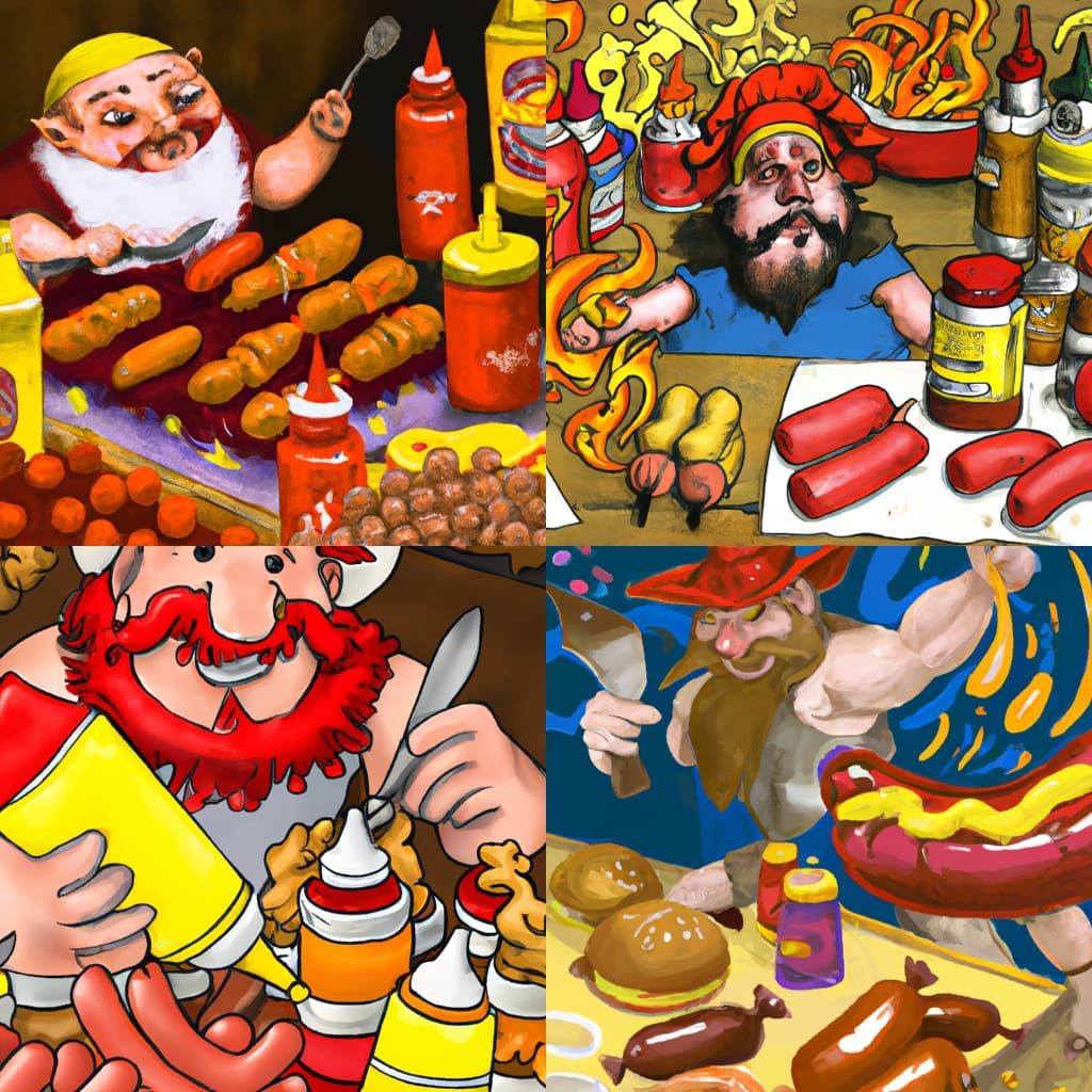 Dwarf Cooks Hotdogs for Goblins in 80s Fantasy Art