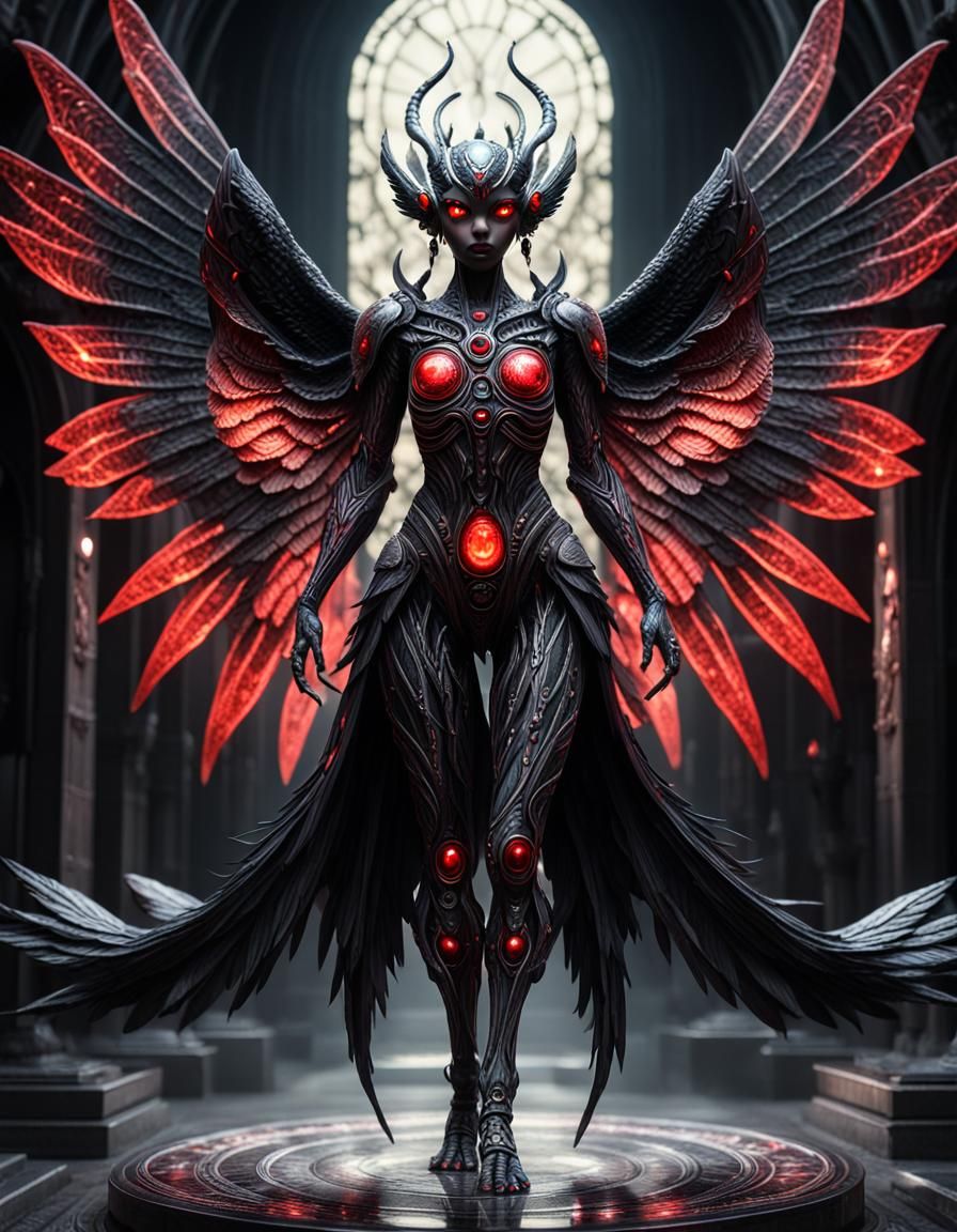 Symbiotic Goddess with Red Eyes and Cosmic Wings