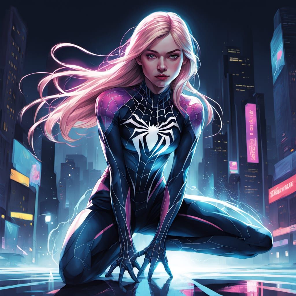 Ghost-Spider Ballerina Twirls in Neon New York City