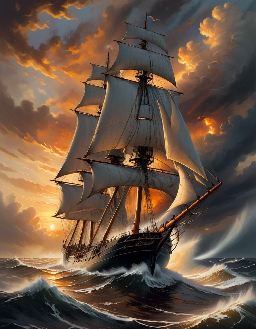 Stormy Seas Schooner Sunset: Oil Painting