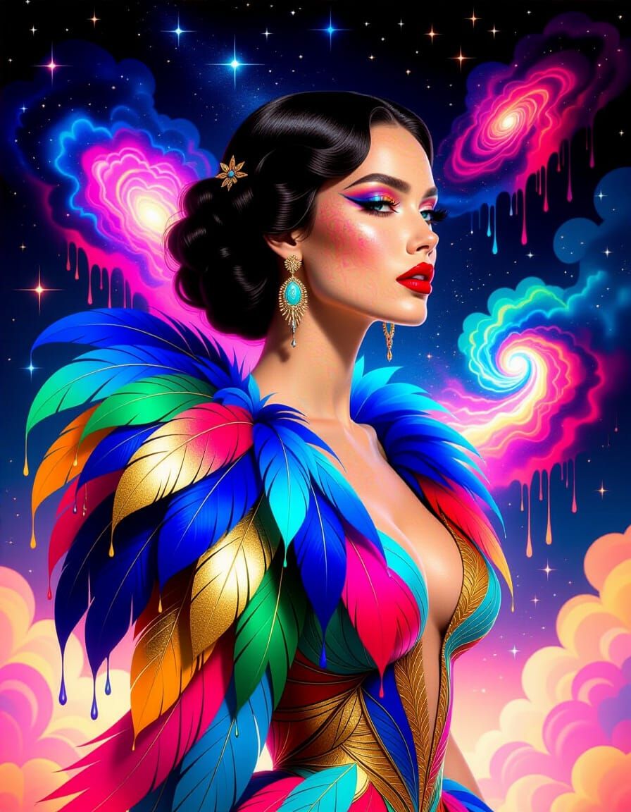 Ethereal Woman in Feather Dress, Ink Drawing