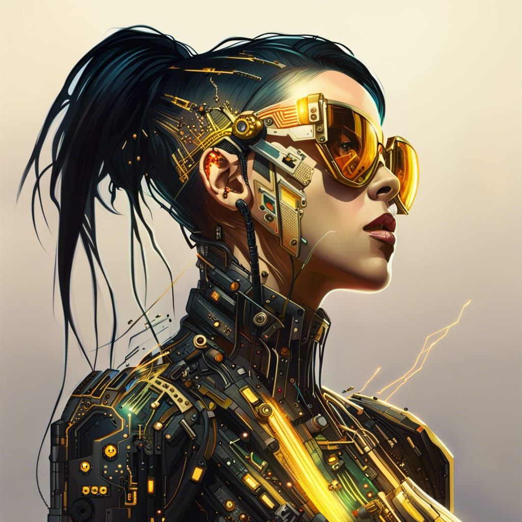Cyberpunk Woman Profile with Golden Circuitry