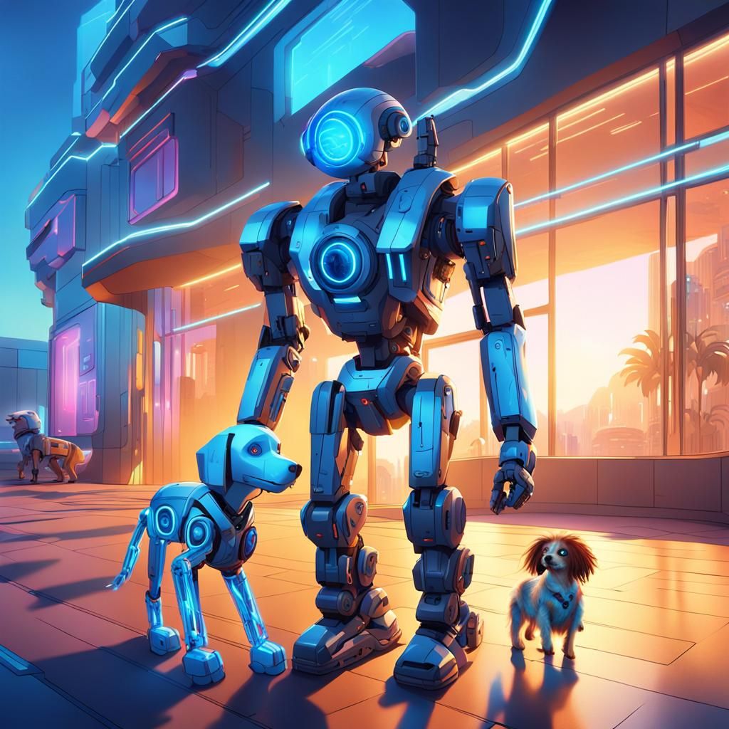 Child and Robot Dog in Futuristic Cityscape