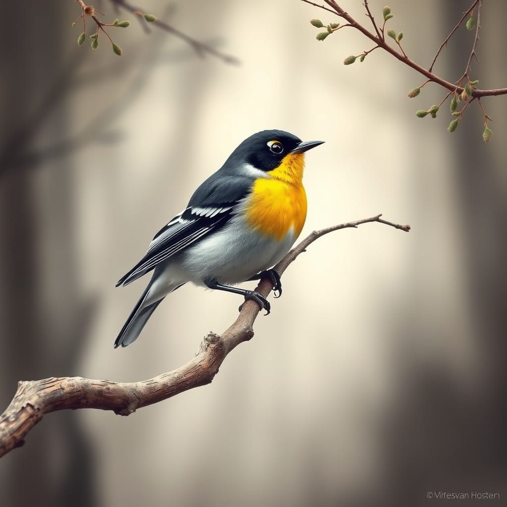 Vibrant Warbler Perched on Branch in Naturalistic Style