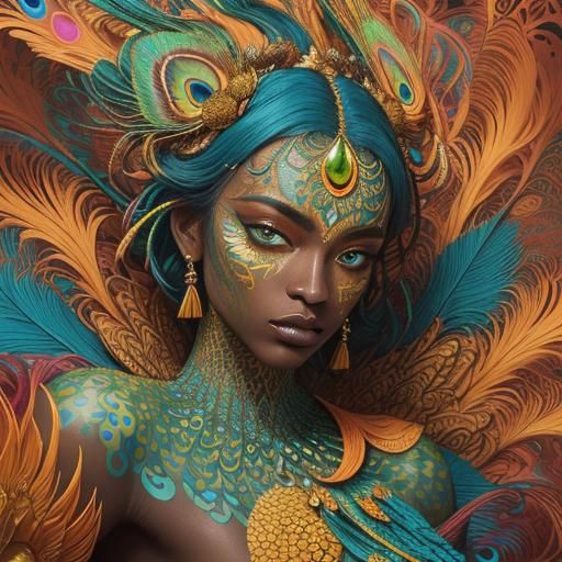 Peacock Woman Portrait in Abstract Expressionist Style