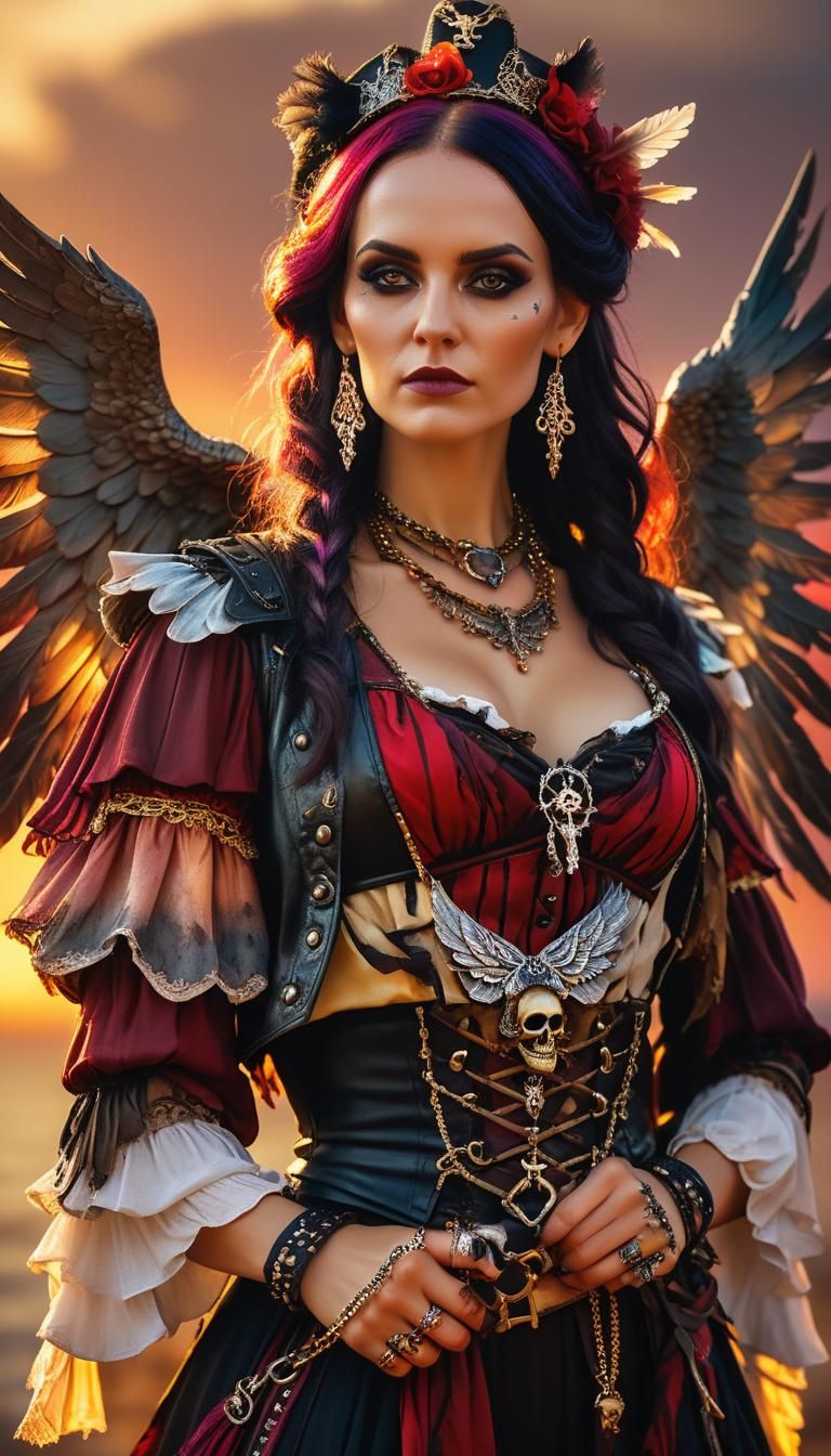 Hyperrealistic Gothic Pirate Woman in Sunset Glory