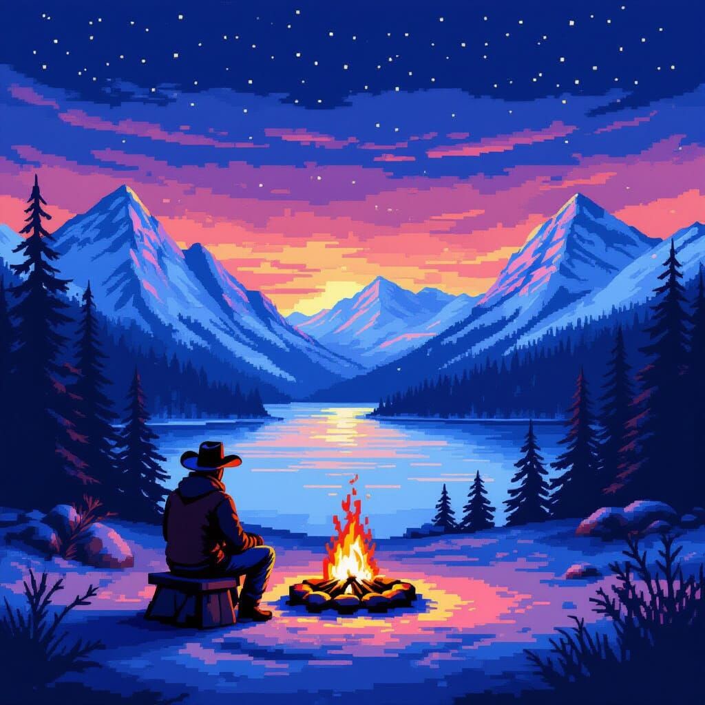 Pixelated Cowboy Finds Warmth in Snowy Night