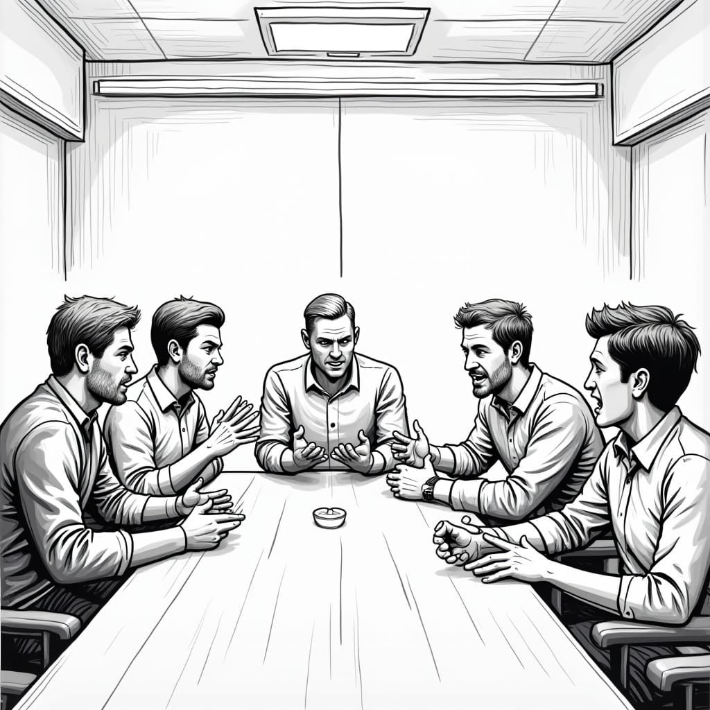 Stylized Black and White Illustration of Group Discussion