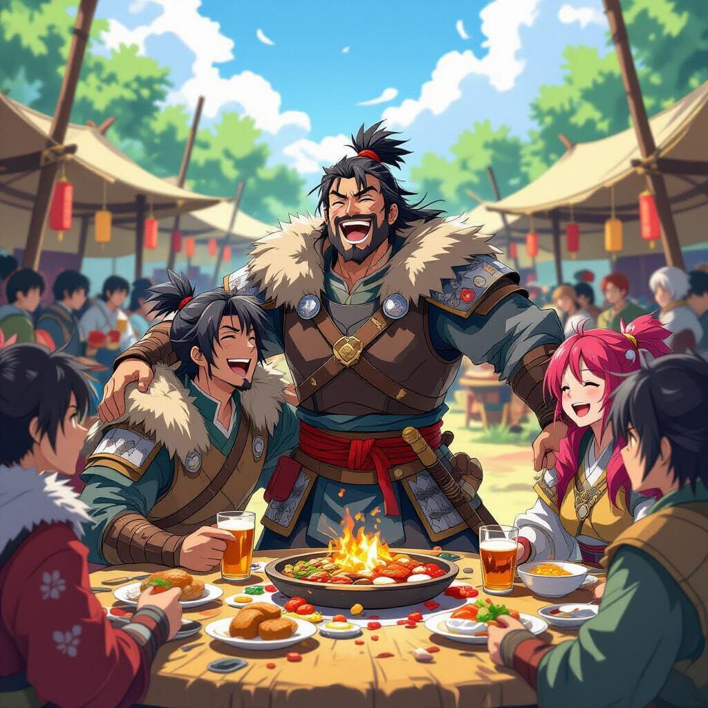 Warrior's Feast: A Moment of Joy in Anime Style
