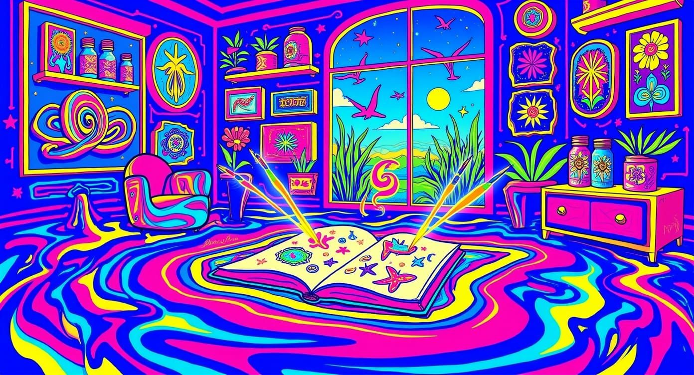 Psychedelic Dreamscape Floating Studio with Glowing Art Supp...