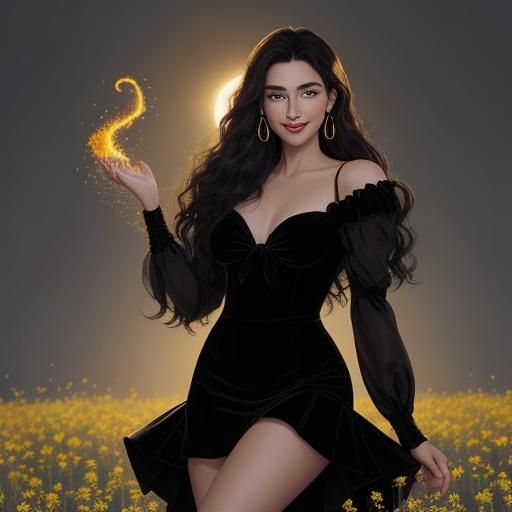 Fiery Dress on Gorgeous Woman in Flower Field