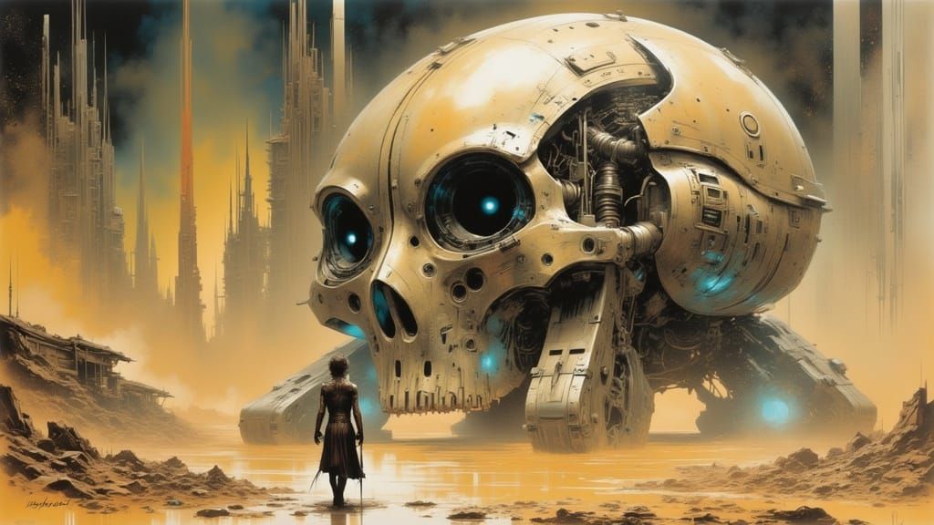 Alien War Machine in Ruined Cityscape