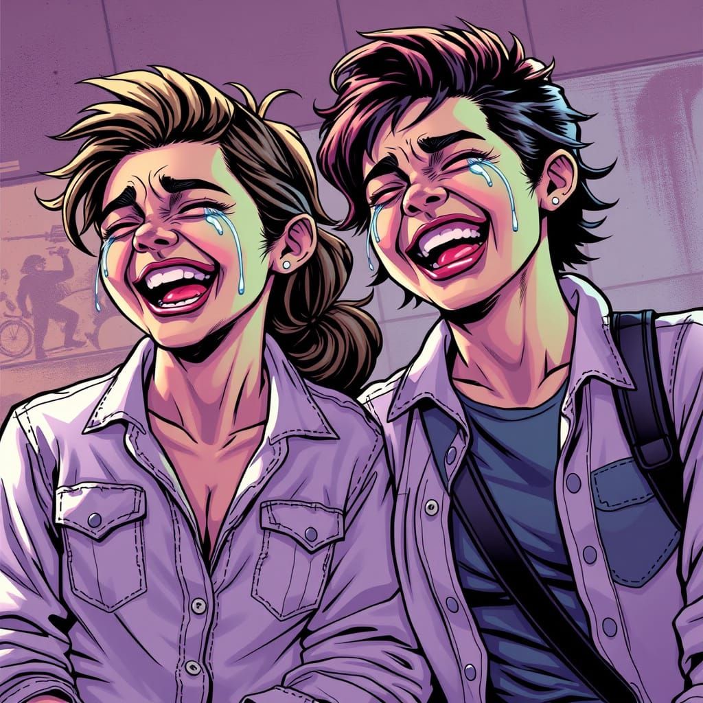 Friends Laughing in Hyper-Realistic Comic Book Style
