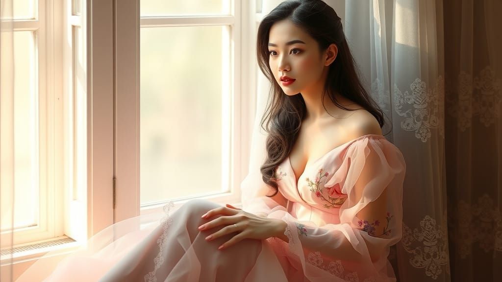 Ethereal Asian Beauty in Soft Pink Gown