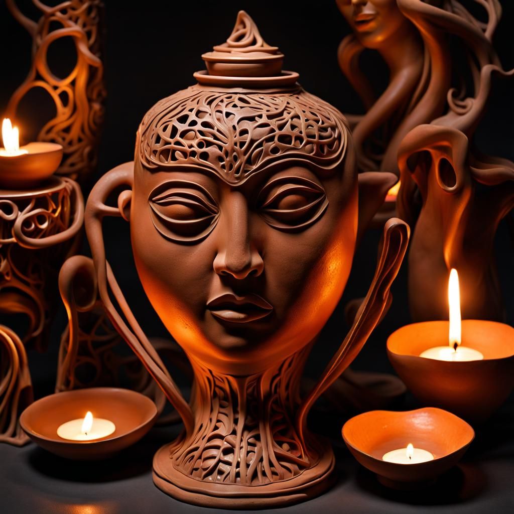 Ornate Clay Pottery with Candle, Hyperrealistic