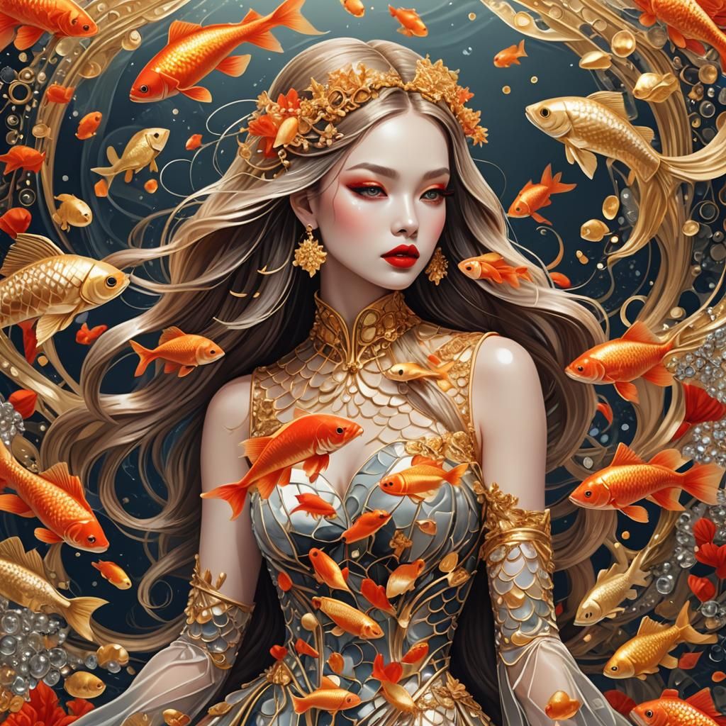 Crystal Woman with Goldfish in Zentangle Style