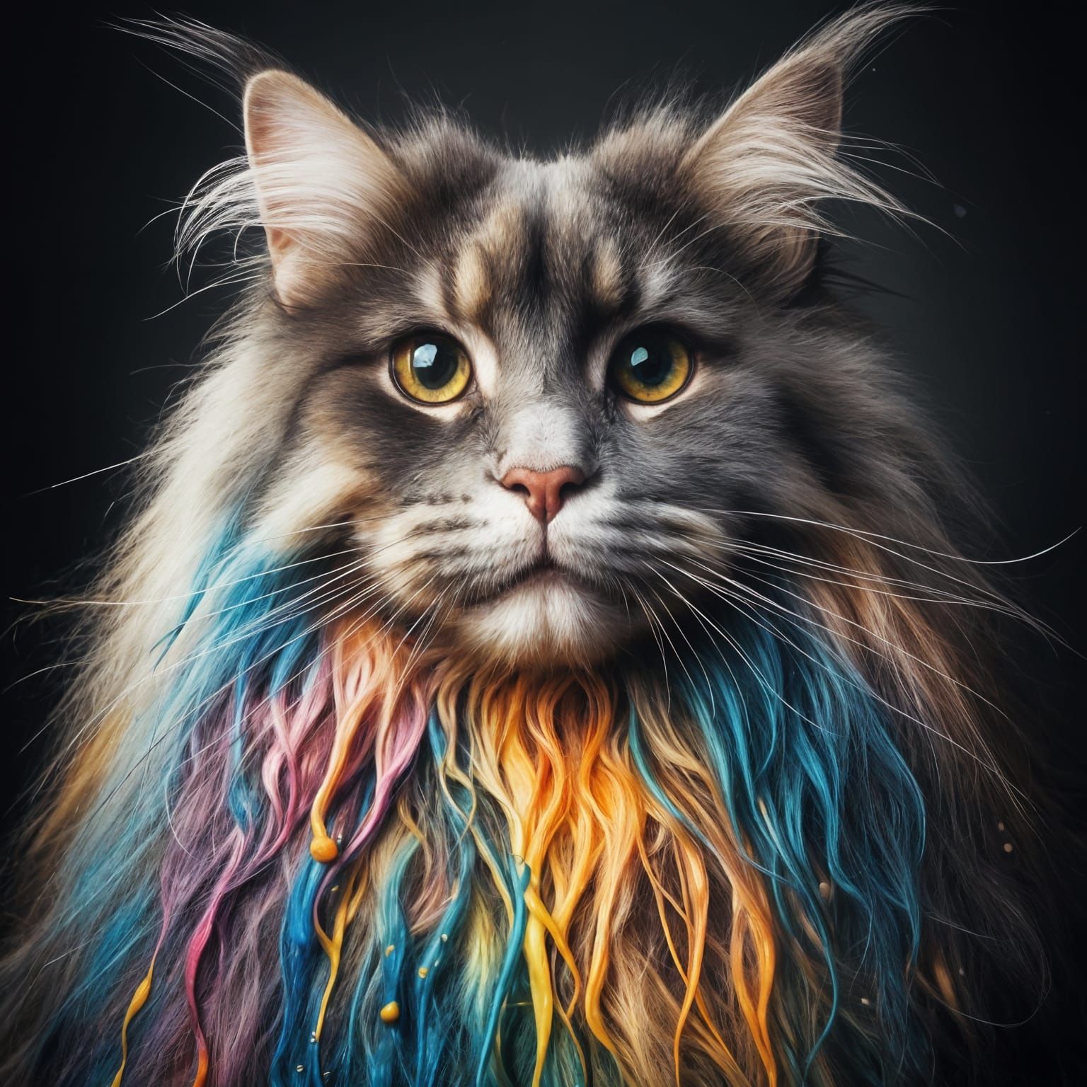 Whimsical Rainbow Portrait of a Lovable MaineCoon Cat