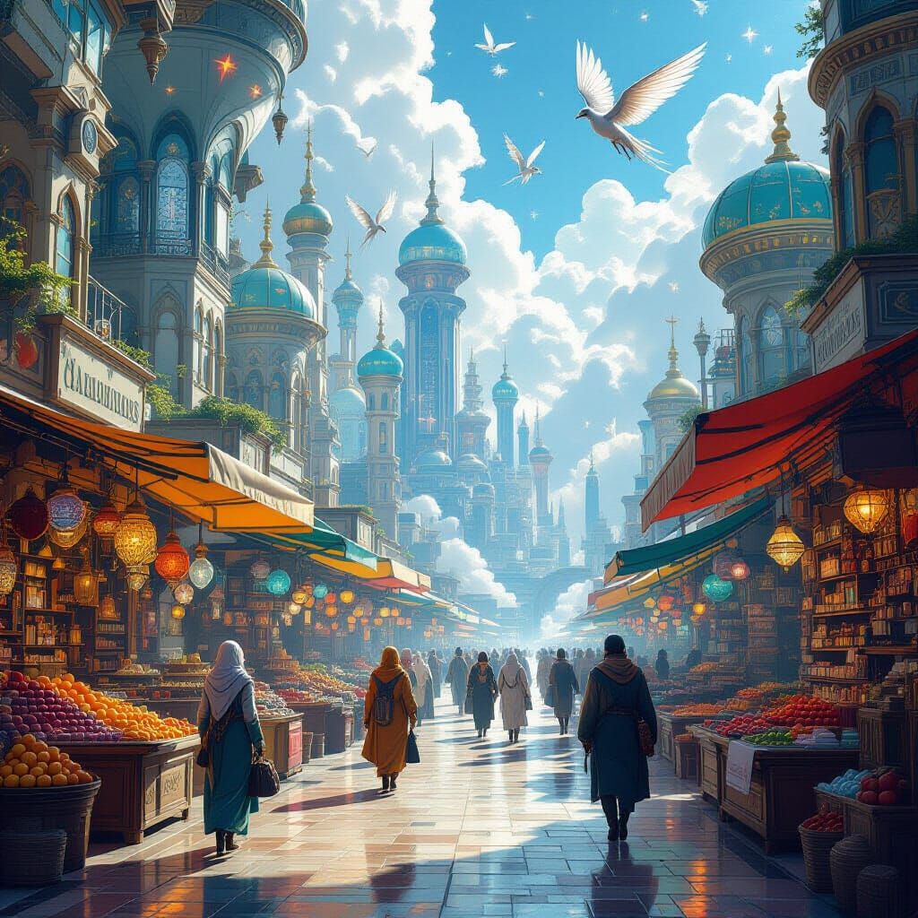 Cloud City Marketplace with Winged Creatures and Dream Merch...