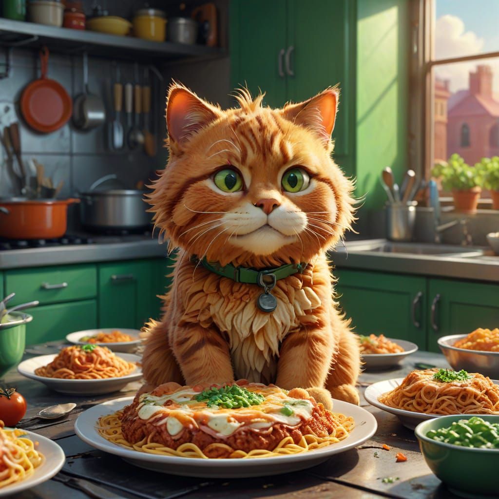 Garfield in a Futuristic Kitchen Concept Art in Vibrant Digi...