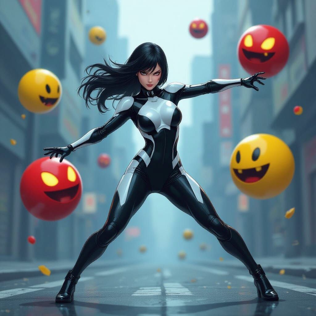 Anime Heroine Battles Pac-Man in Sci-Fi Style