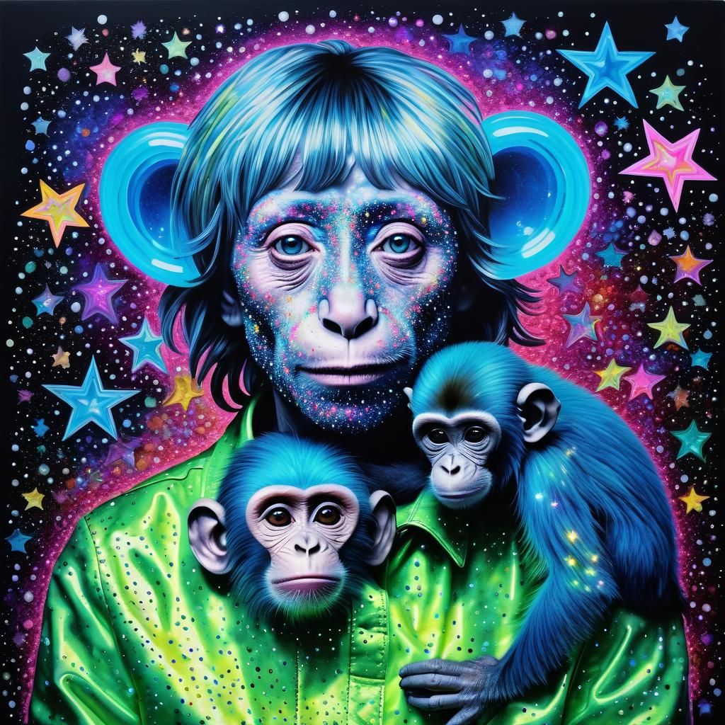 Neon Monkey Self-Portrait in Alcohol Ink Style