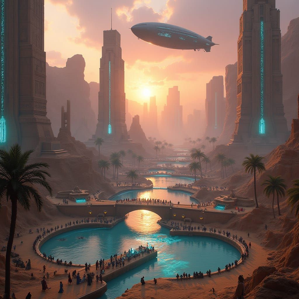 Desert Metropolis at Dusk with Neon Circuits and Airships