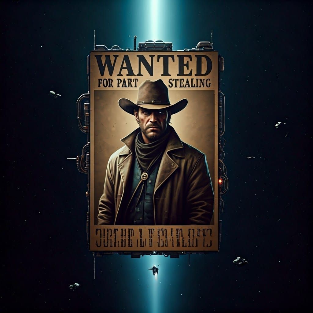 A futuristic wanted poster of space cowboy "wanted for part stealing" being projected off a spaceship into the abyss of ...