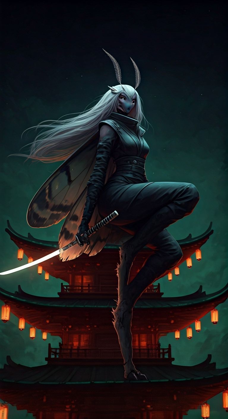 Moth-Woman Ninja on Pagoda in Futuristic Style