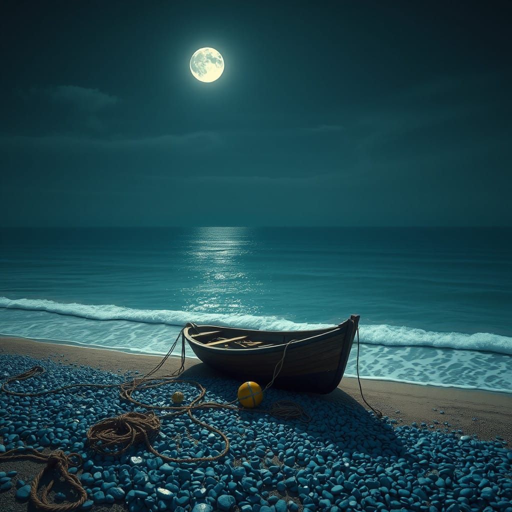 Moonlit Coastal Scene with Shimmering Border of Light