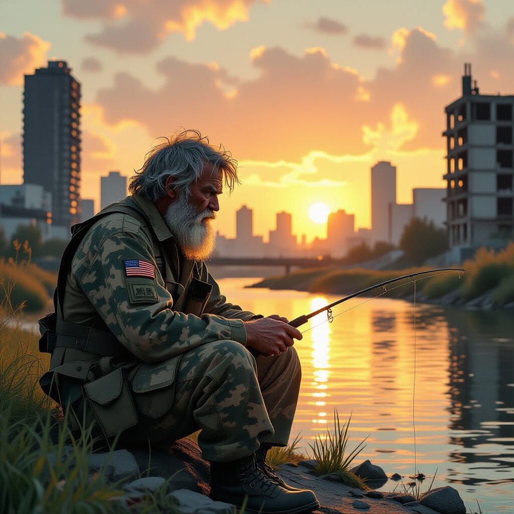 Old Man Fishing by Ruined City in Dystopian Sunset
