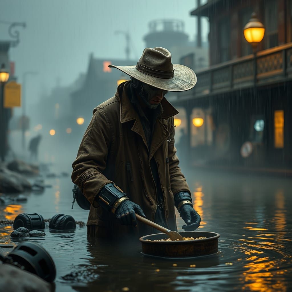 Dystopian Android Prospector in Steampunk San Francisco