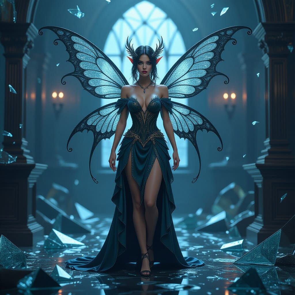 Detailed Fairy in Shattered Glass Room, Matte Painting Style