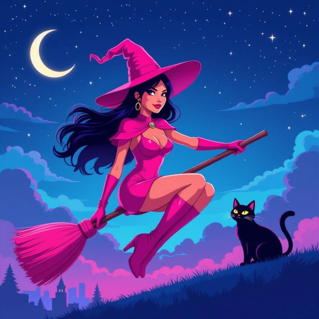 Neon Witch and Cat in Cyberpunk Cityscape