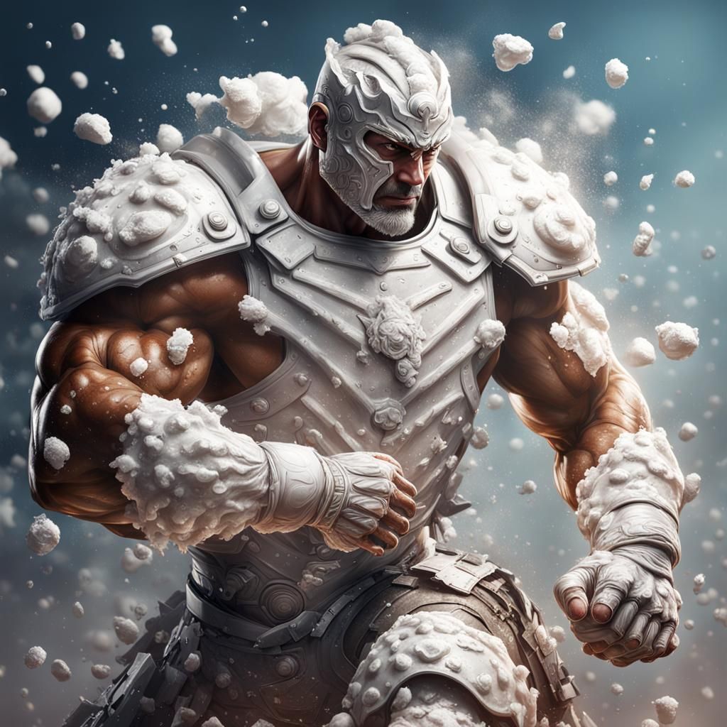 Whipped Cream Armored Man: Hyperrealistic Splash Art