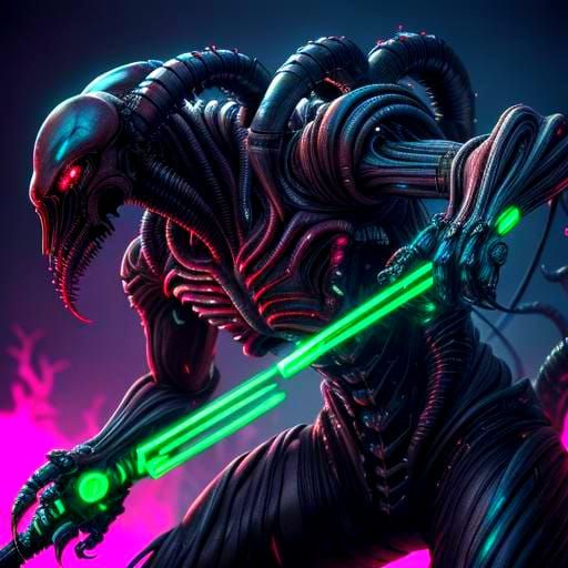Biomechanical Xenomorphic Predator in Synthwave Horror Style