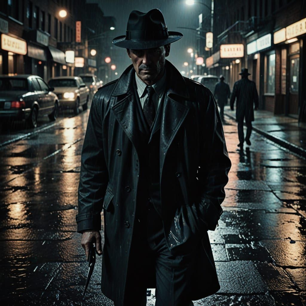 Gritty Film Noir Detective Examines a Body on a Rainy City S...