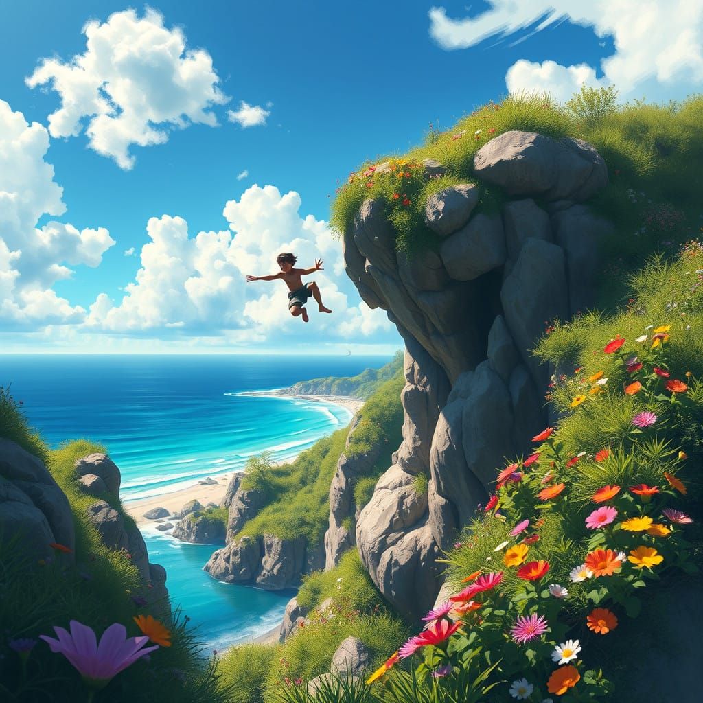 Whimsical Cliffside Leap in Vibrant Fantasy