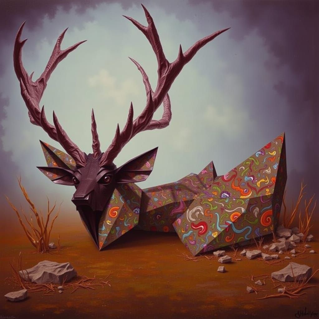 Origami Stag in Mountain Landscape